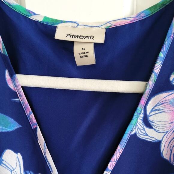 Ambar fairycore blue floral dress size S V neck asymmetrical lightweight flowy - Picture 2 of 9